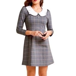 Modcloth Miss Patina Grey Plaid Faux Collared Cat Dress